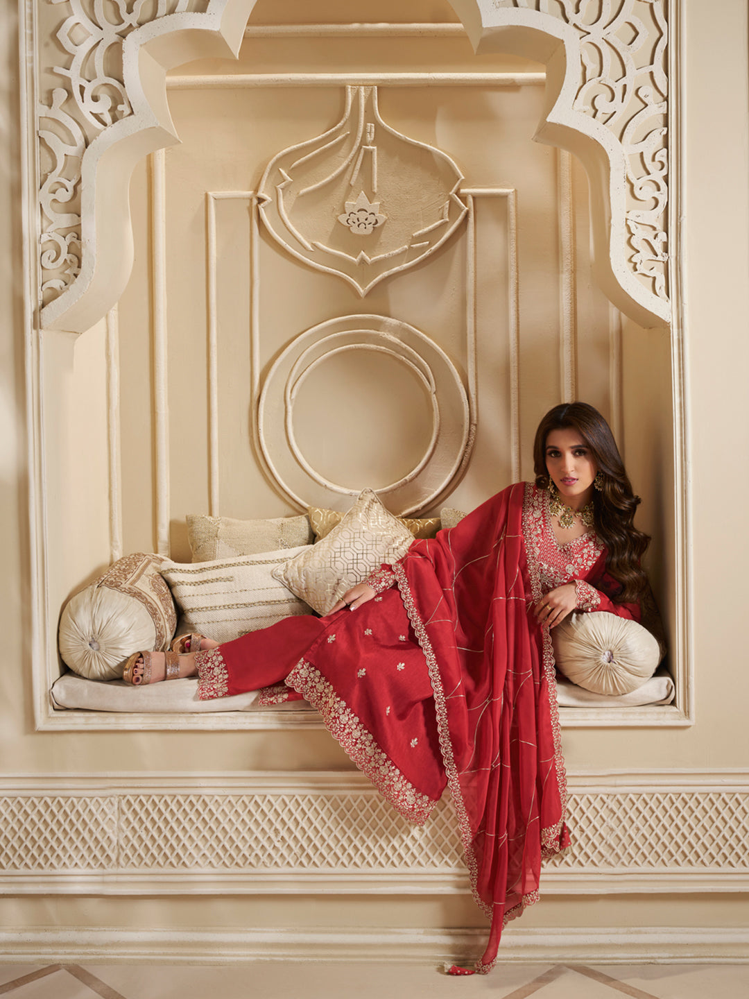 Floral + Geometric thread work & Hanging Pearl on Daman Kurta With Straight Pant & Dupatta Product vendor
