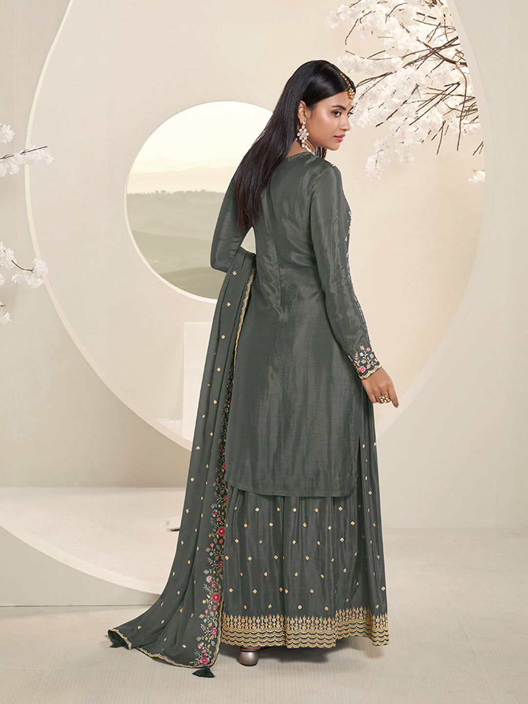 Grey Multi Colour Floral Thread & Embroidered Sharara Suit Set Product vendor