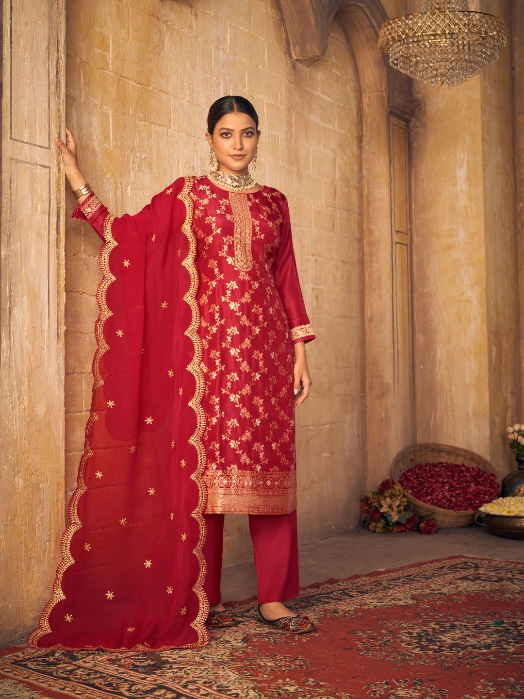 Red Jacquard Kurta Suit Set Product vendor