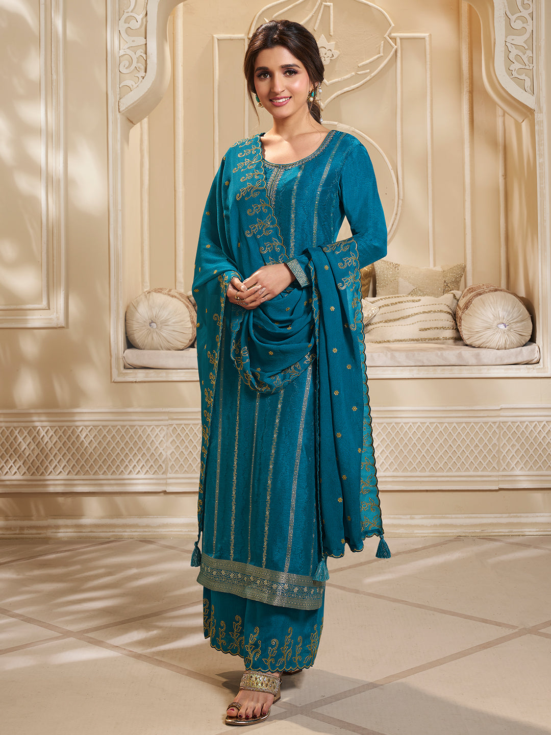 Blue Dola Silk Palazzo Suit Set with Zari and Self Weave Top