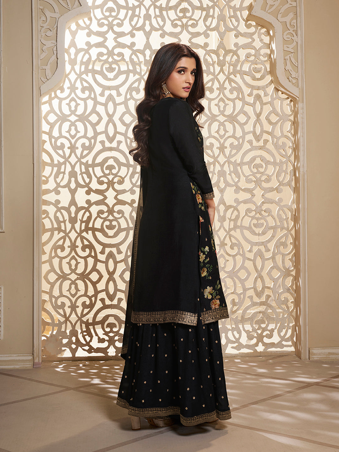 Black Dola Jacquard Digital Floral Printed Sharara Suit Set Product vendor