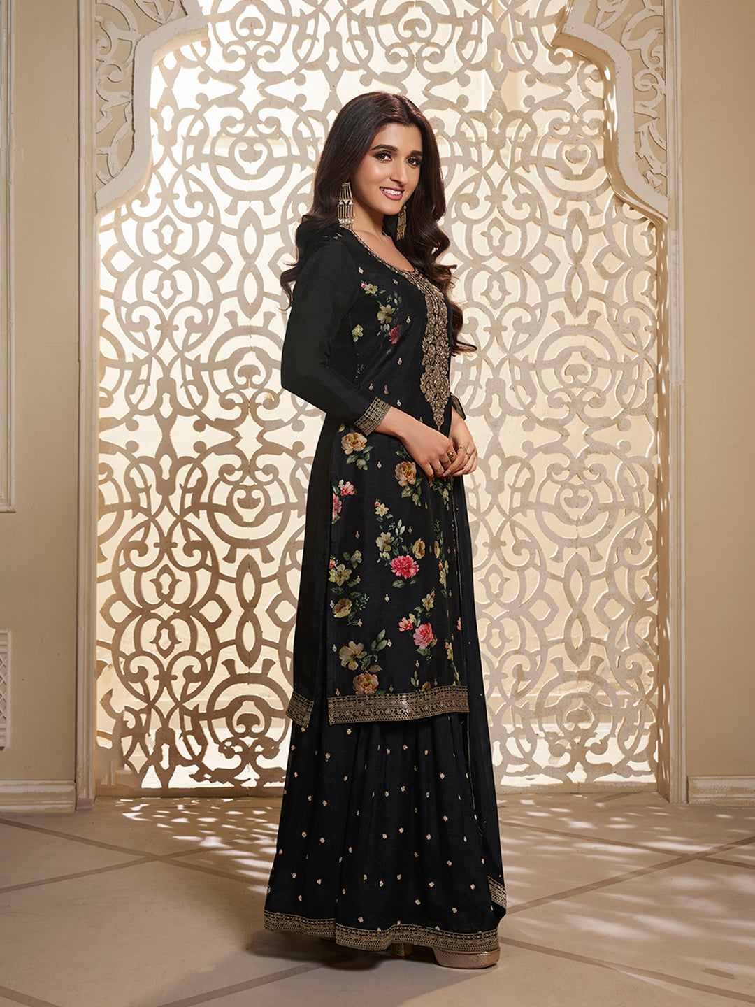 Black Dola Jacquard Digital Floral Printed Sharara Suit Set Product vendor