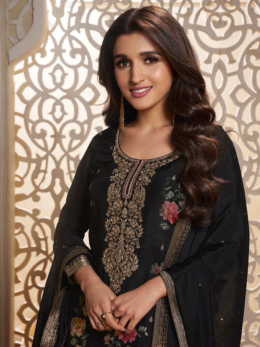 Black Dola Jacquard Digital Floral Printed Sharara Suit Set Product vendor