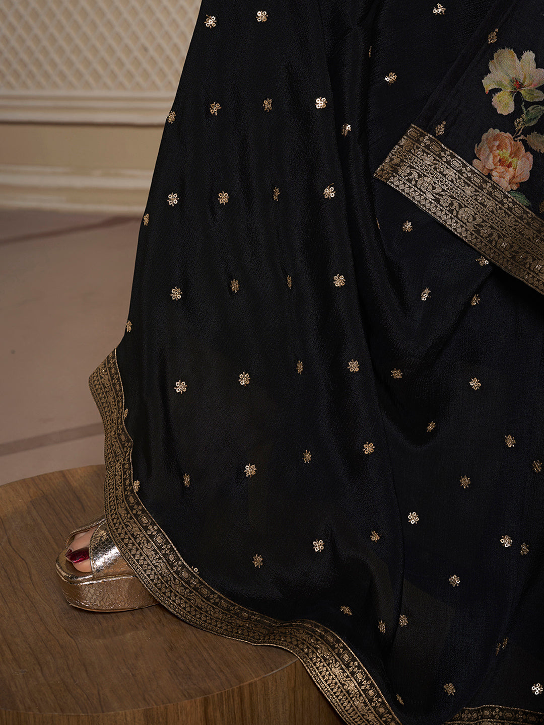 Black Dola Jacquard Digital Floral Printed Sharara Suit Set Product vendor