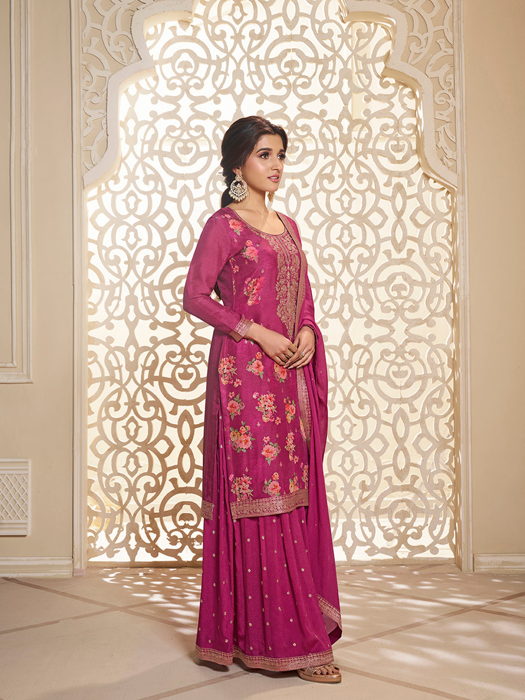 Hot Pink Dola Jacquard Digital Floral Printed Sharara Suit Set Product vendor