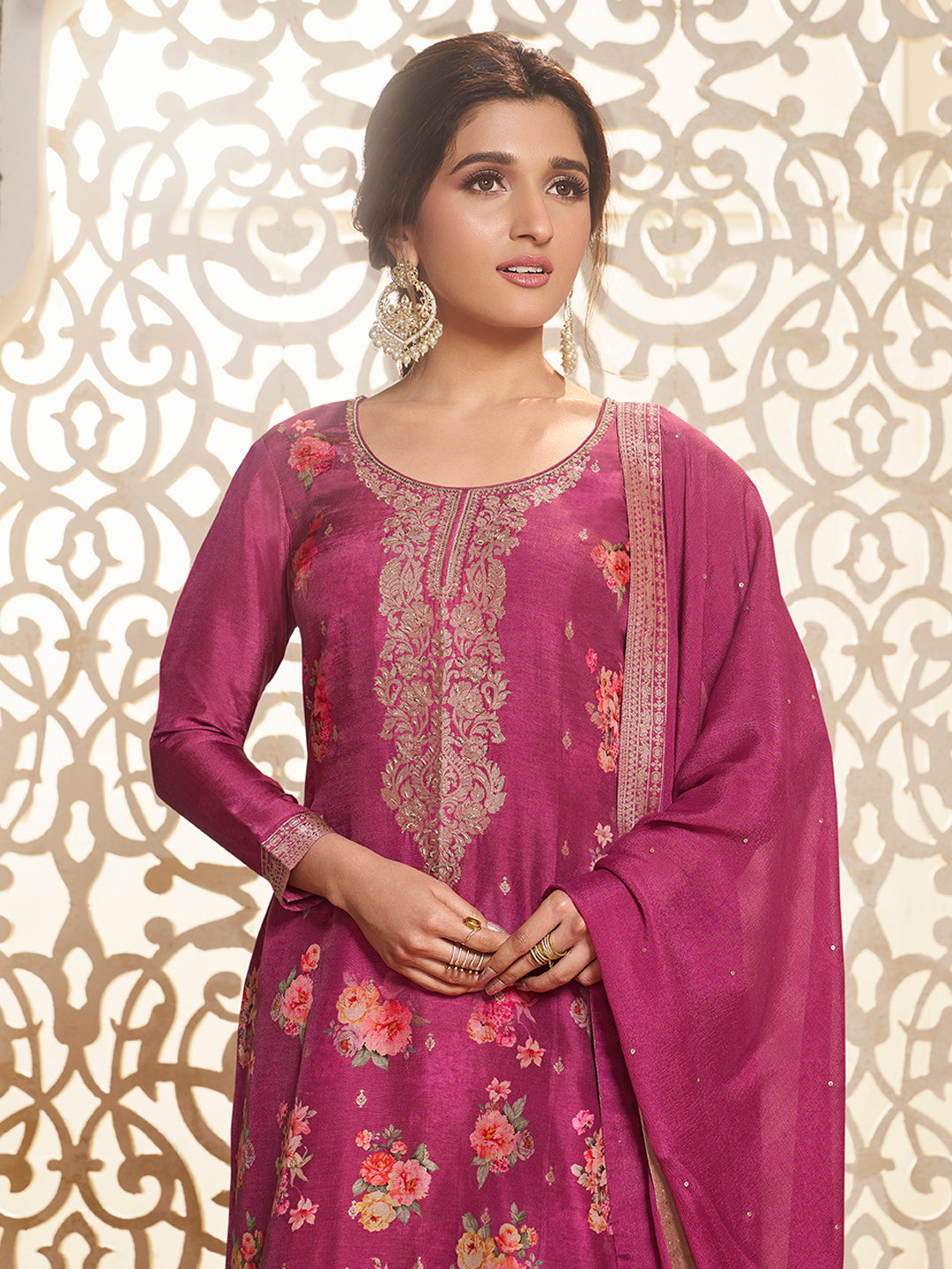 Hot Pink Dola Jacquard Digital Floral Printed Sharara Suit Set Product vendor