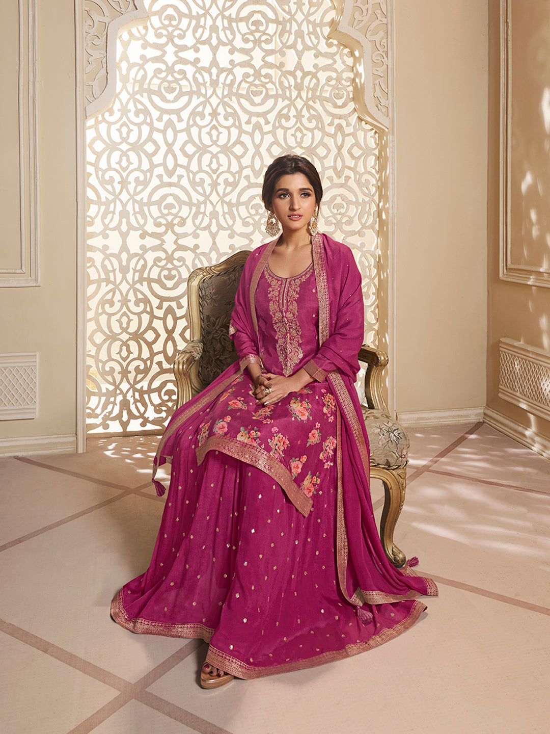 Hot Pink Dola Jacquard Digital Floral Printed Sharara Suit Set Product vendor