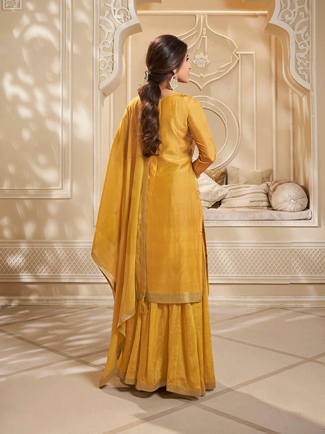 Yellow Dola Jacquard Digital Floral Printed Sharara Suit Set Product vendor