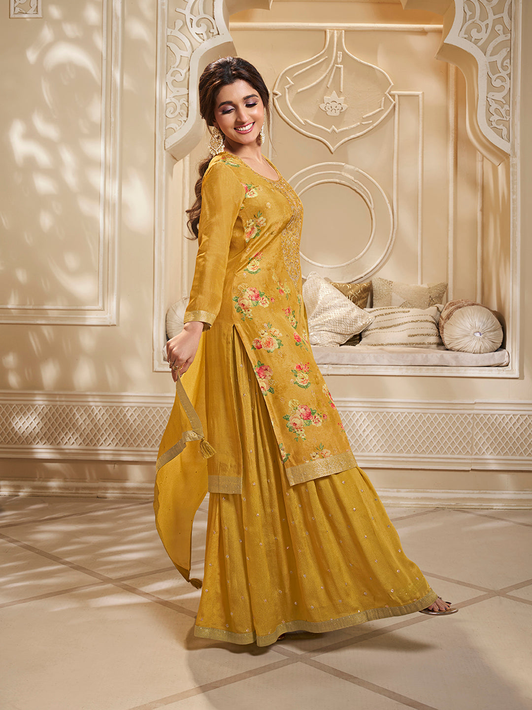 Yellow Dola Jacquard Digital Floral Printed Sharara Suit Set Product vendor