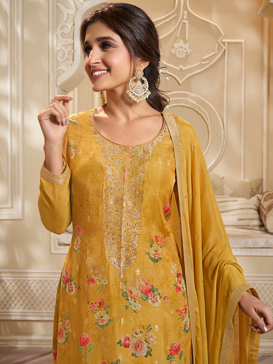 Yellow Dola Jacquard Digital Floral Printed Sharara Suit Set Product vendor