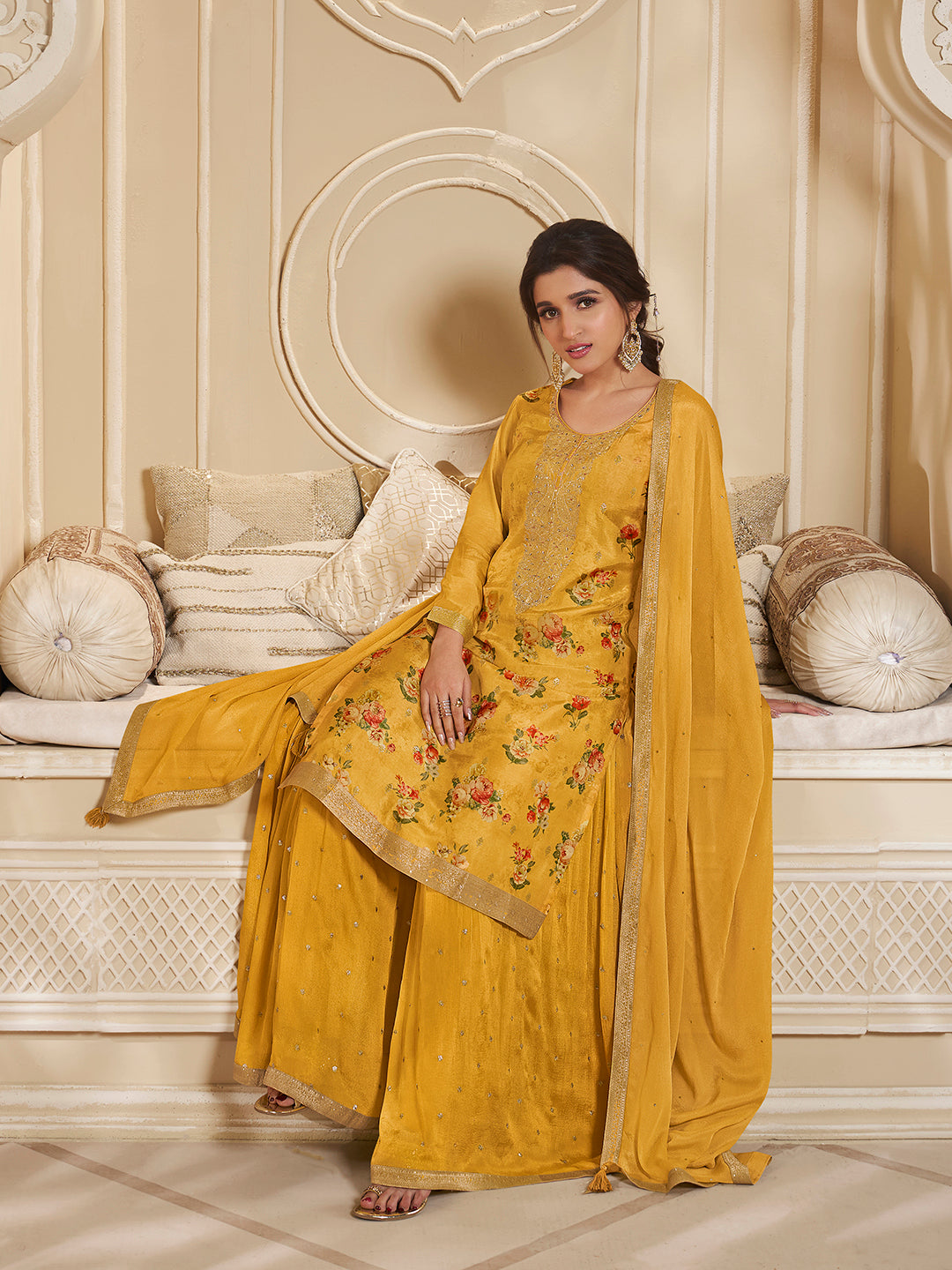 Yellow Dola Jacquard Digital Floral Printed Sharara Suit Set Product vendor