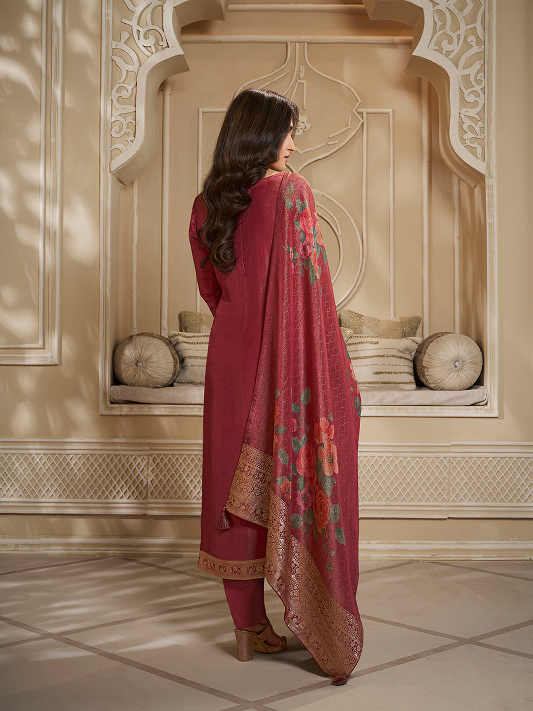 Red Tissue Jacquard Kurta Suit Set with Jaal Pattern & Hand made Buttons Product vendor