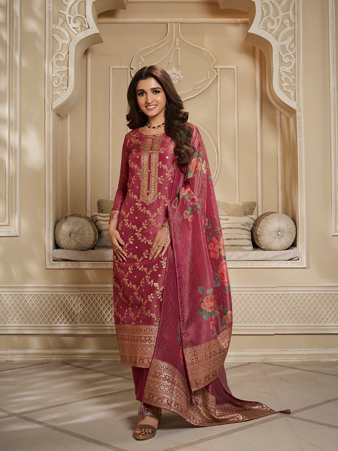 Red Tissue Jacquard Kurta Suit Set with Jaal Pattern & Hand made Buttons Product vendor
