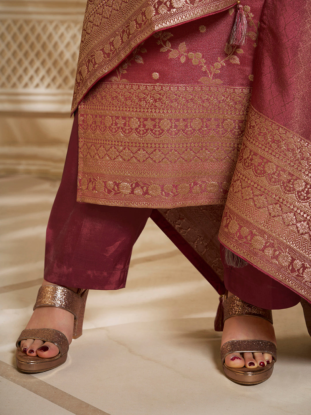 Red Tissue Jacquard Kurta Suit Set with Jaal Pattern & Hand made Buttons Product vendor