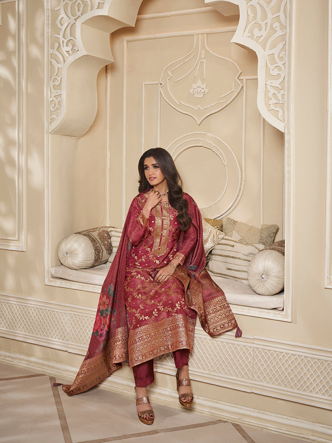 Red Tissue Jacquard Kurta Suit Set with Jaal Pattern & Hand made Buttons Product vendor