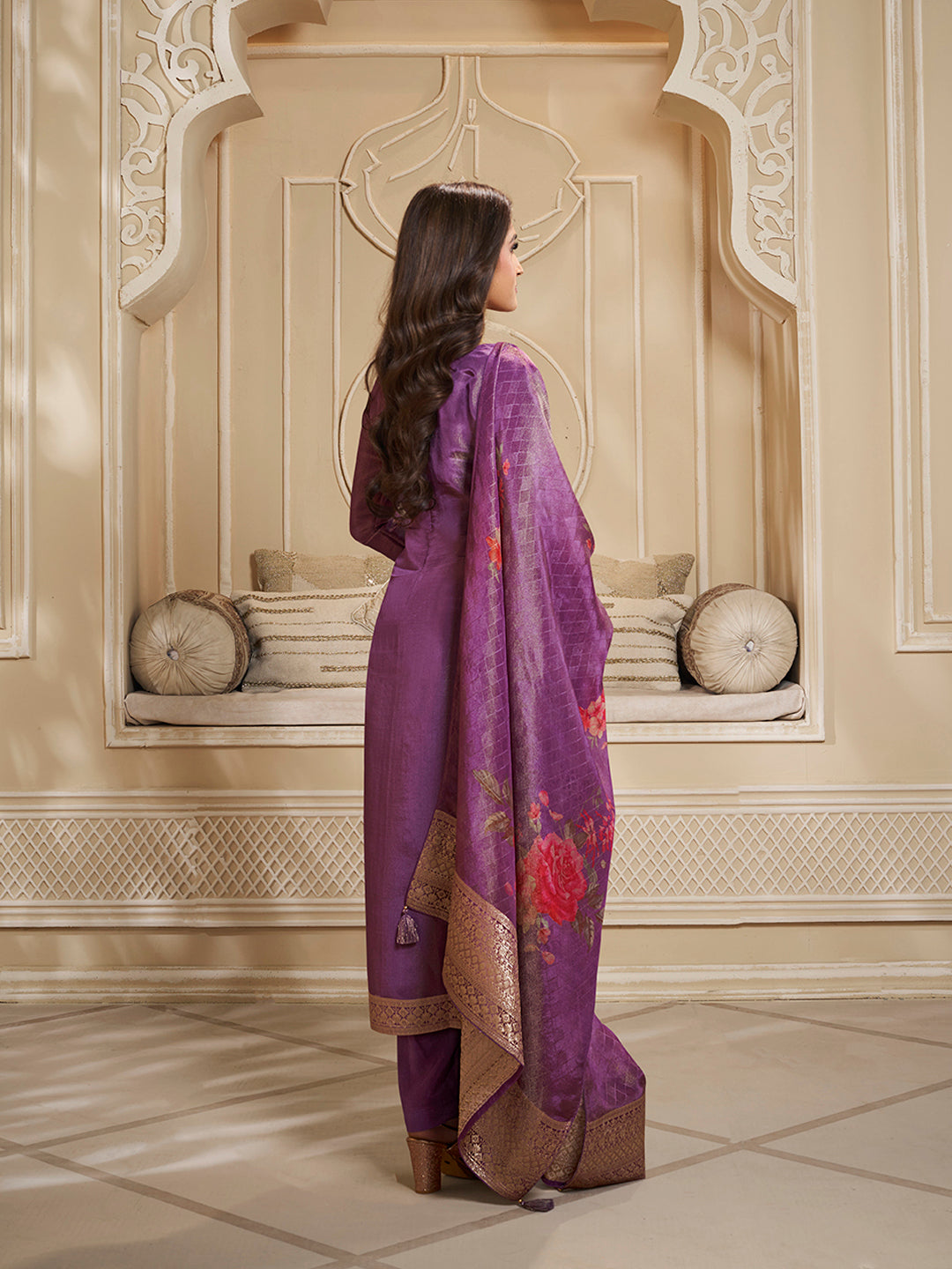 Purple Tissue Jacquard Kurta Suit Set with Jaal Pattern & Hand made Buttons Product vendor