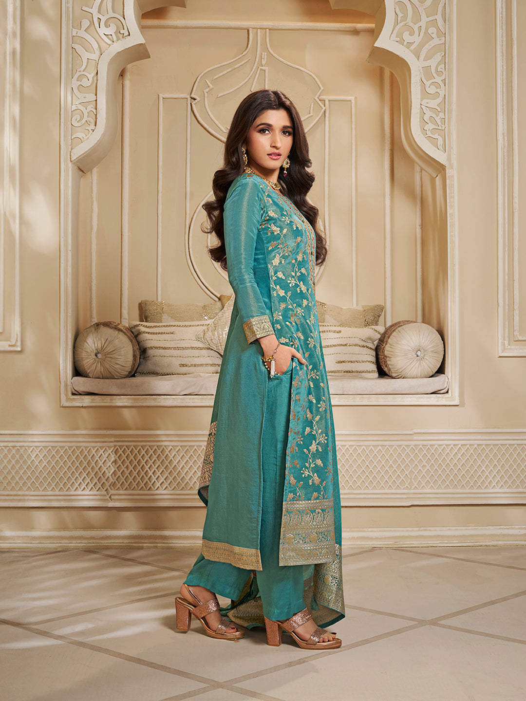 Turquoise Tissue Jacquard Kurta Suit Set with Jaal Pattern & Hand made Buttons Product vendor