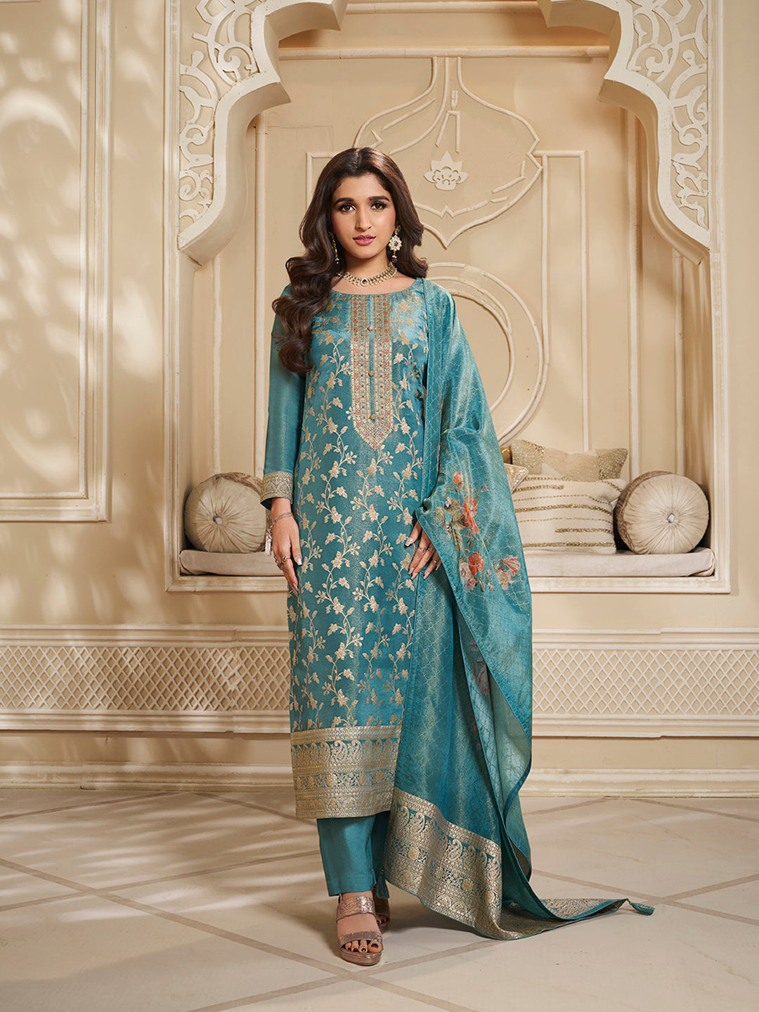 Turquoise Tissue Jacquard Kurta Suit Set with Jaal Pattern & Hand made Buttons Product vendor