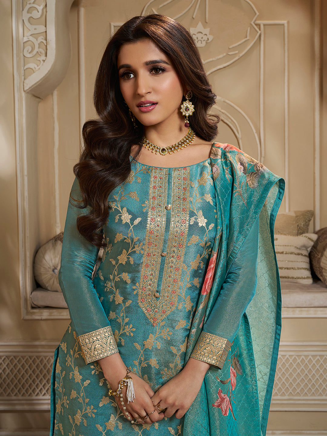 Turquoise Tissue Jacquard Kurta Suit Set with Jaal Pattern & Hand made Buttons Product vendor