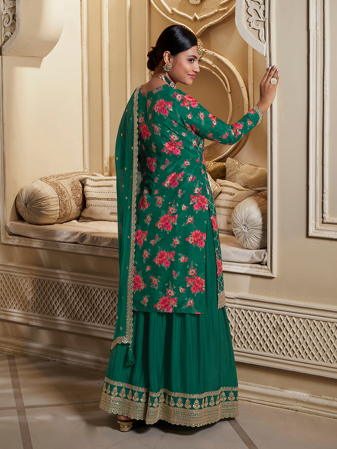 Green Digital Floral Printed Embroidered Sharara Suit Set Product vendor