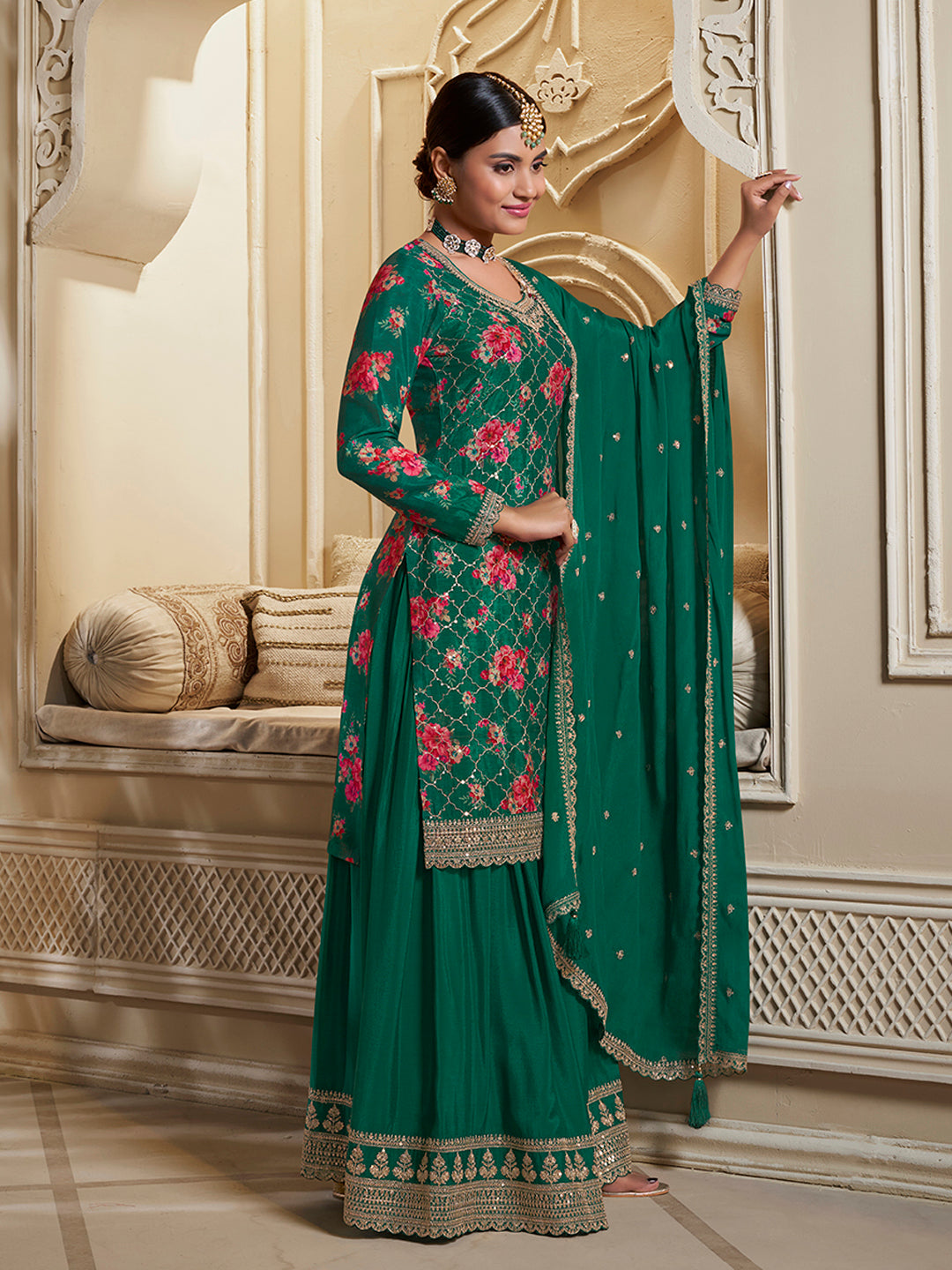 Green Digital Floral Printed Embroidered Sharara Suit Set Product vendor