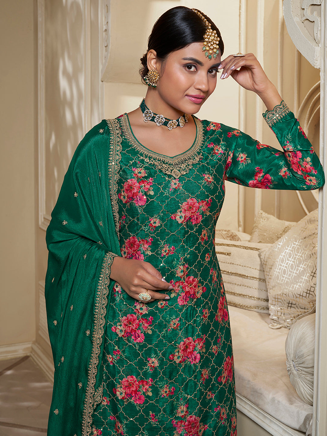 Green Digital Floral Printed Embroidered Sharara Suit Set Product vendor