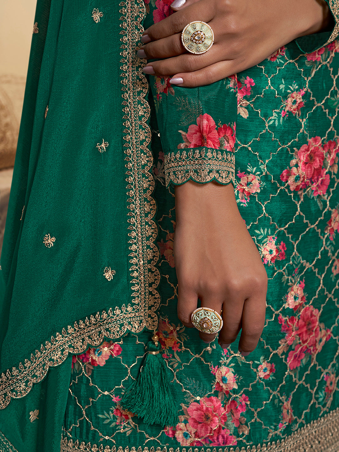 Green Digital Floral Printed Embroidered Sharara Suit Set Product vendor