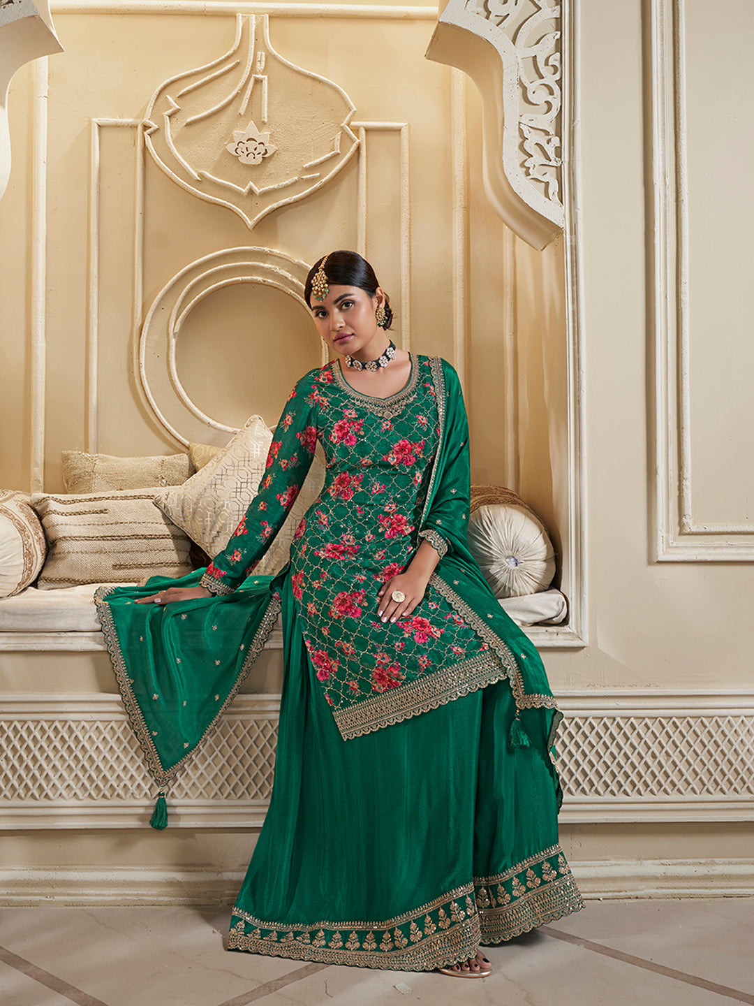 Green Digital Floral Printed Embroidered Sharara Suit Set Product vendor