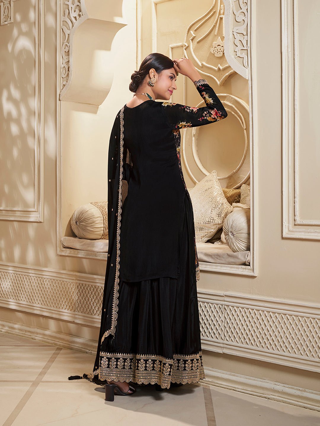 Black Digital Floral Printed Embroidered Sharara Suit Set Product vendor