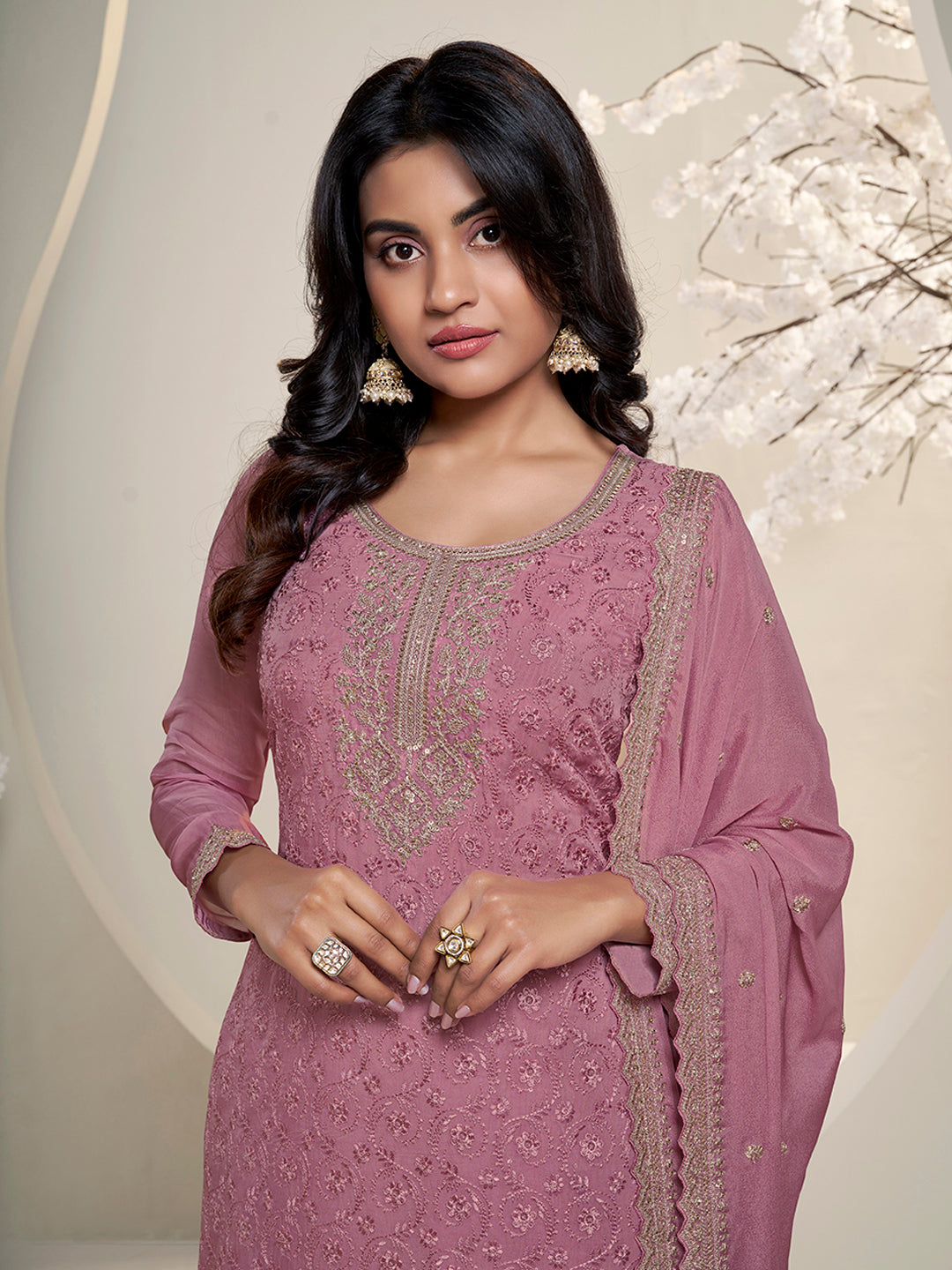 Pink Floral Pattern Schiffli Thread & Sequins Embroidery Kurta Suit Set Product vendor