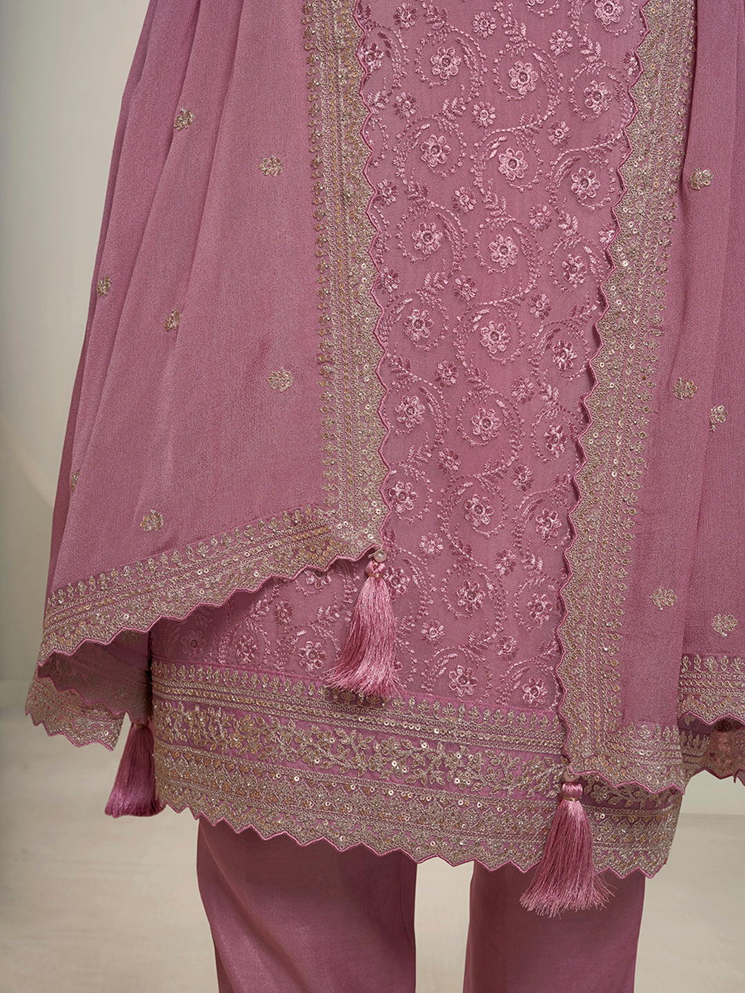 Pink Floral Pattern Schiffli Thread & Sequins Embroidery Kurta Suit Set Product vendor
