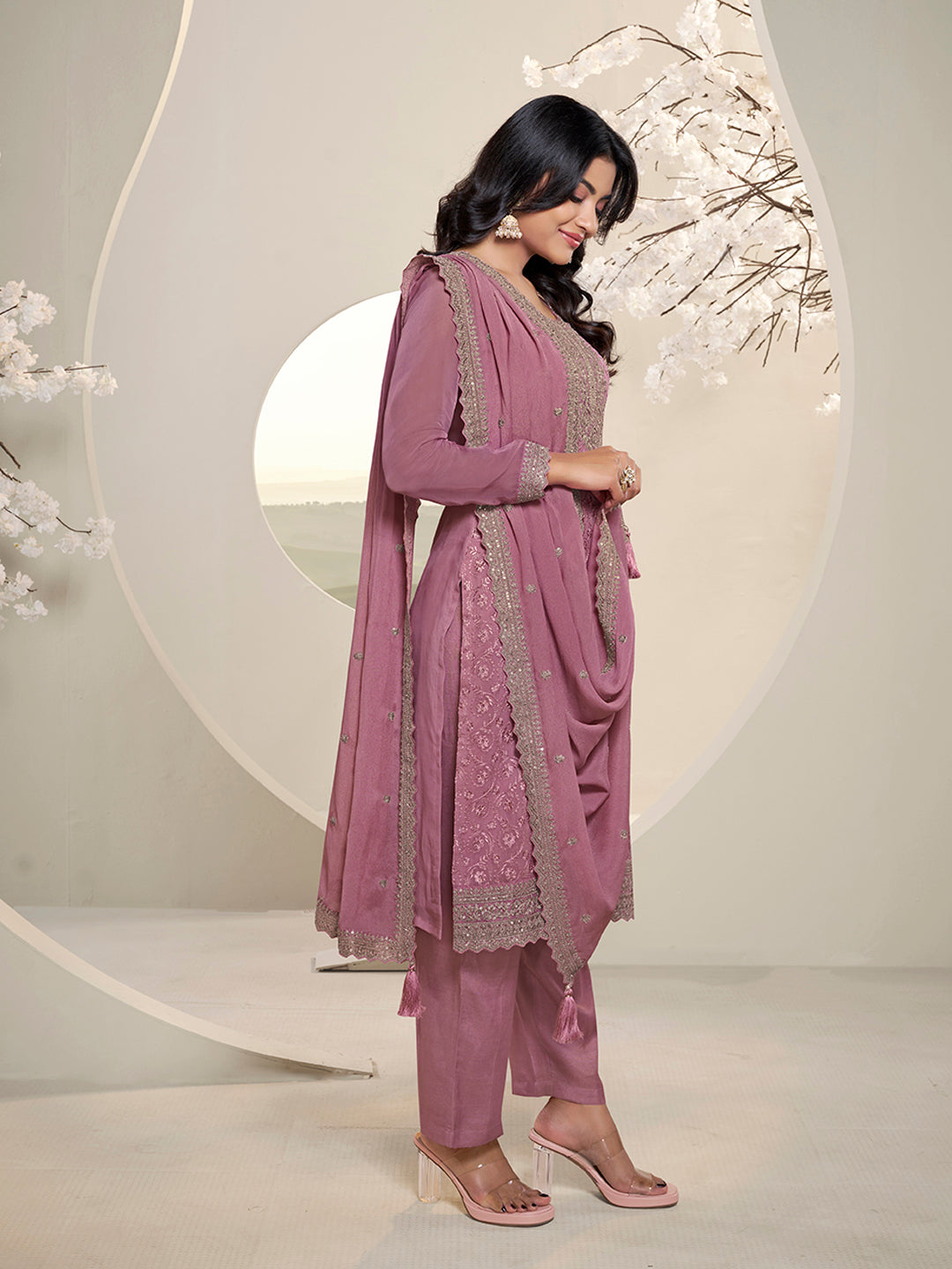 Pink Floral Pattern Schiffli Thread & Sequins Embroidery Kurta Suit Set Product vendor