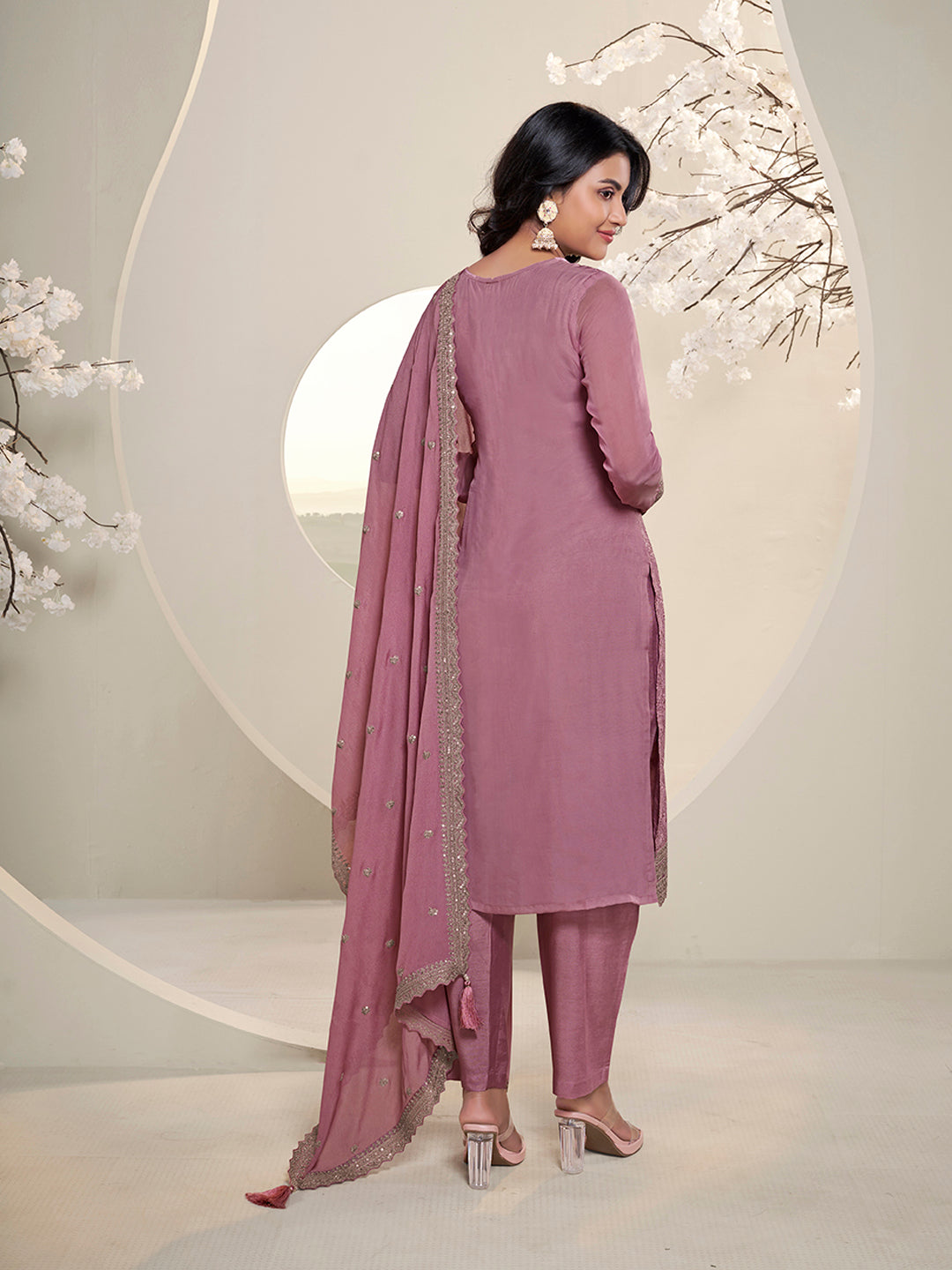 Pink Floral Pattern Schiffli Thread & Sequins Embroidery Kurta Suit Set Product vendor
