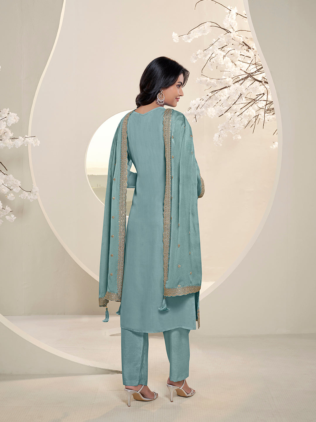 Teal Blue Floral Pattern Schiffli Thread & Sequins Embroidery Kurta Suit Set Product vendor