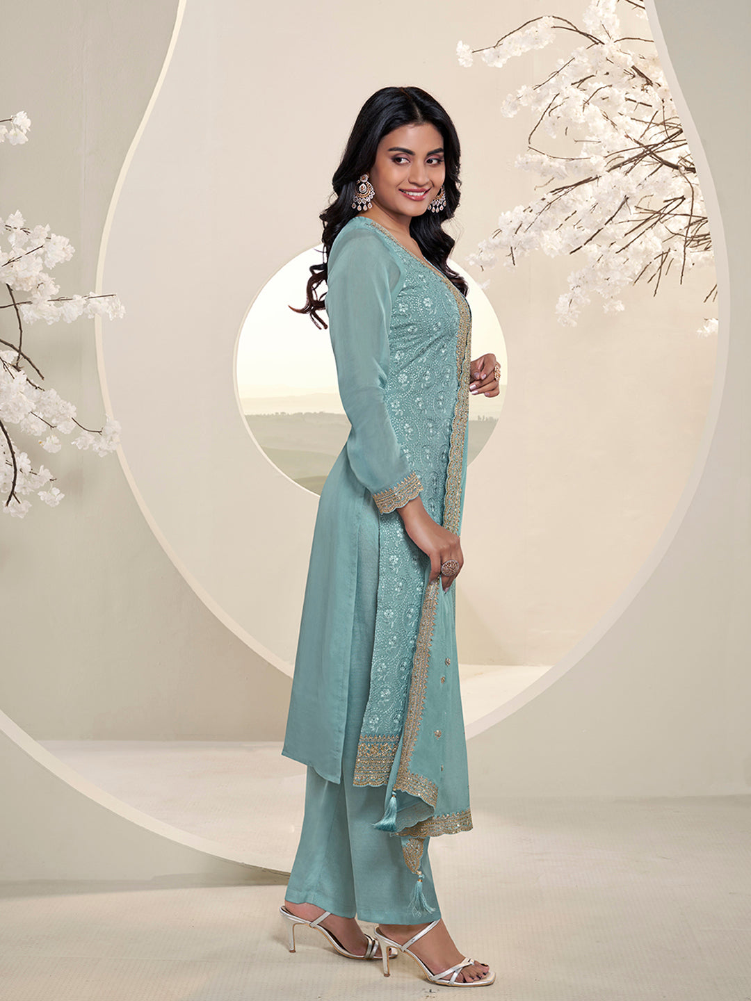 Teal Blue Floral Pattern Schiffli Thread & Sequins Embroidery Kurta Suit Set Product vendor