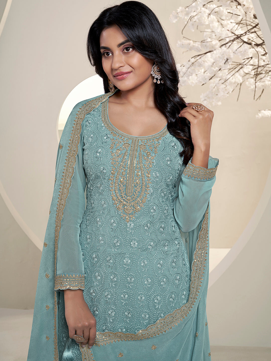 Teal Blue Floral Pattern Schiffli Thread & Sequins Embroidery Kurta Suit Set Product vendor