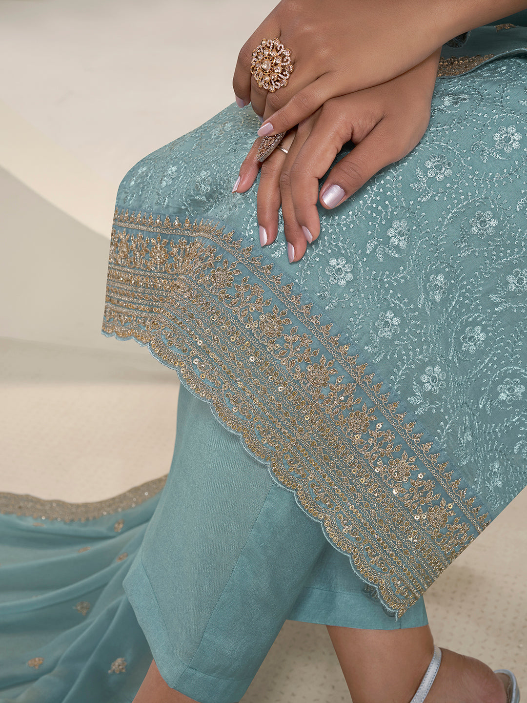 Teal Blue Floral Pattern Schiffli Thread & Sequins Embroidery Kurta Suit Set Product vendor