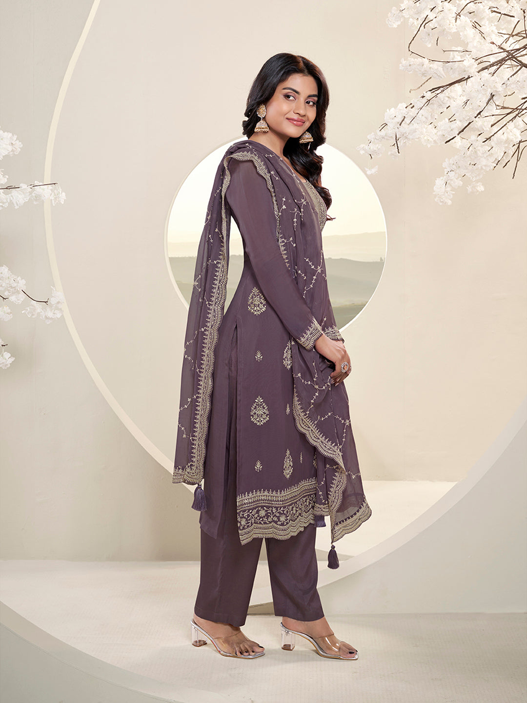 Dark Purple Lucknowi Thread & Sequins Embroidery Kurta Suit Set Product vendor