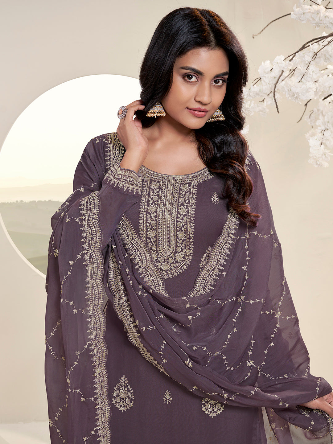 Dark Purple Lucknowi Thread & Sequins Embroidery Kurta Suit Set Product vendor
