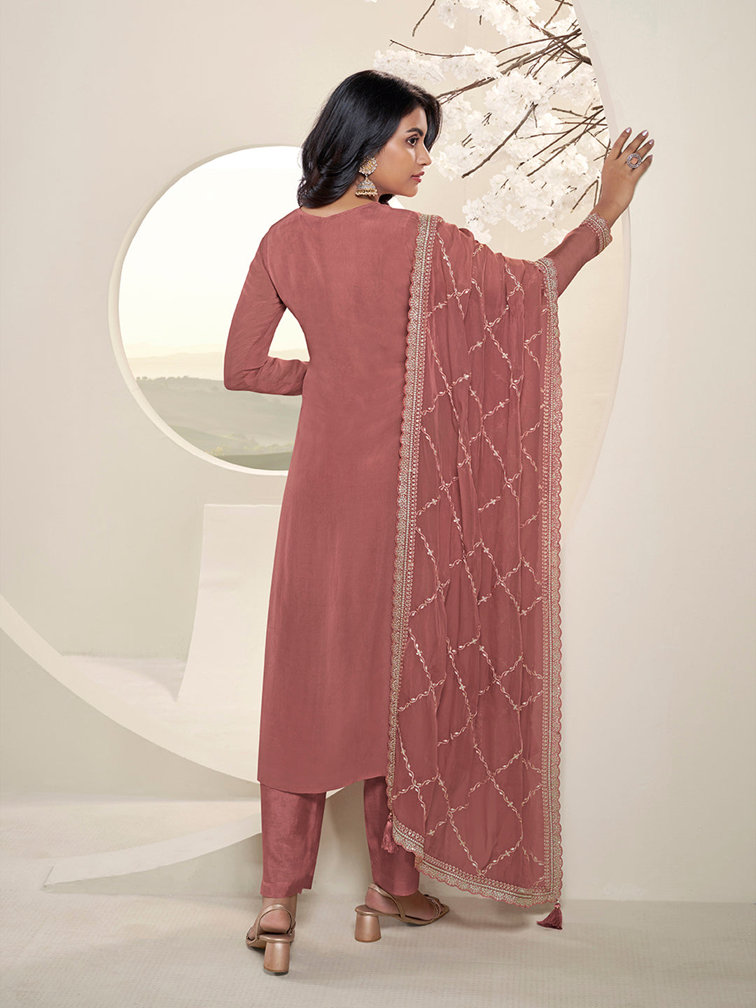 Metallic Peach Lucknowi Thread & Sequins Embroidery Kurta Suit Set Product vendor