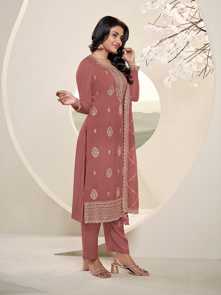 Metallic Peach Lucknowi Thread & Sequins Embroidery Kurta Suit Set Product vendor