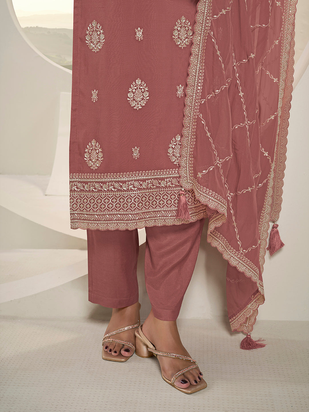 Metallic Peach Lucknowi Thread & Sequins Embroidery Kurta Suit Set Product vendor
