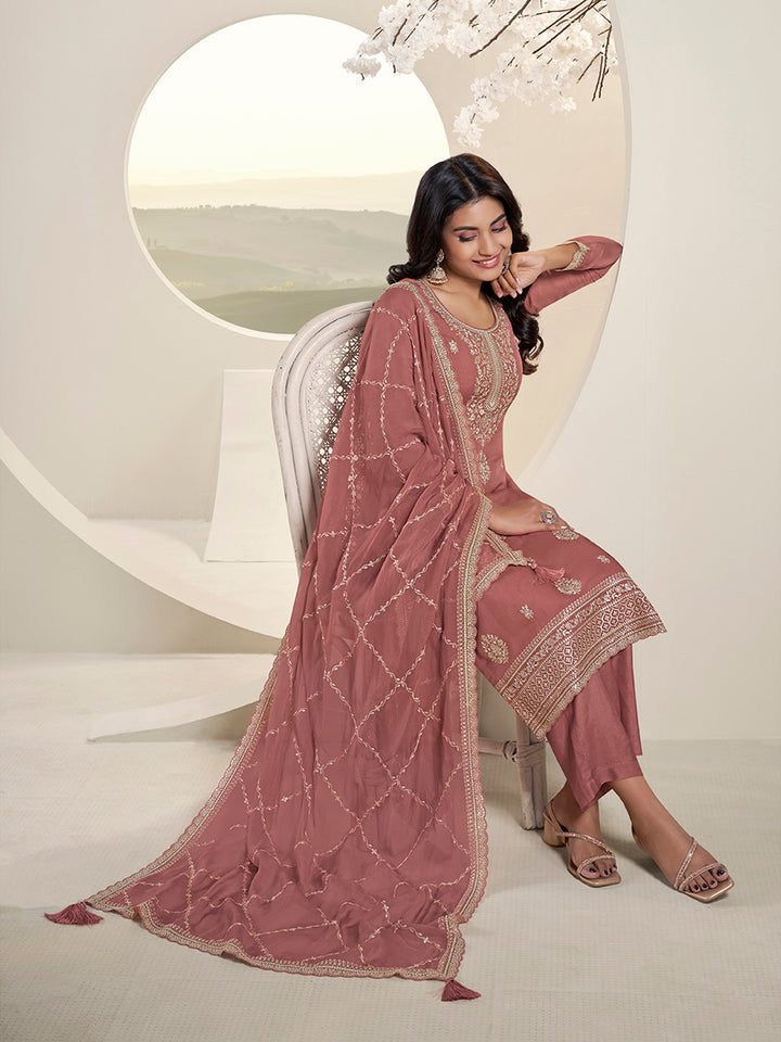 Metallic Peach Lucknowi Thread & Sequins Embroidery Kurta Suit Set Product vendor