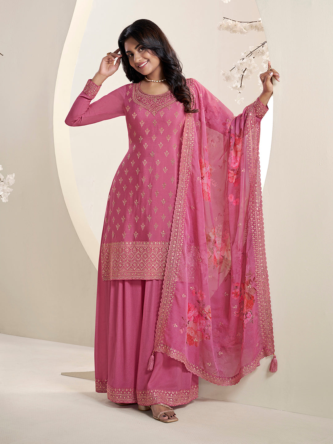 Pink Butti Floral pattern Sequins Embroidered Sharara Suit Set Product vendor