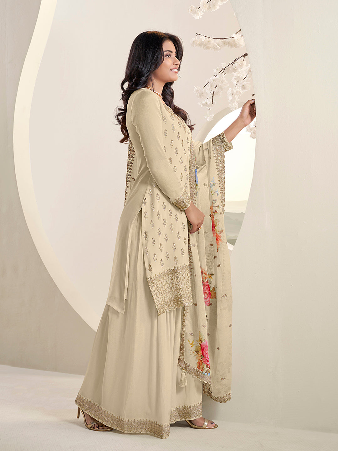 Off-white Butti Floral pattern Sequins Embroidered Sharara Suit Set Product vendor