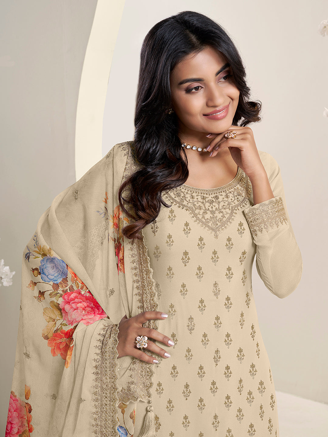 Off-white Butti Floral pattern Sequins Embroidered Sharara Suit Set Product vendor