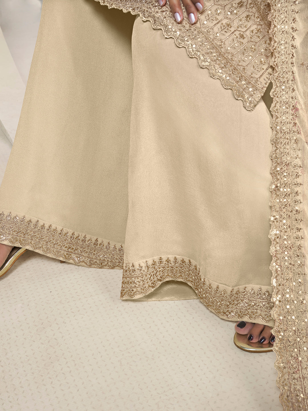 Off-white Butti Floral pattern Sequins Embroidered Sharara Suit Set Product vendor