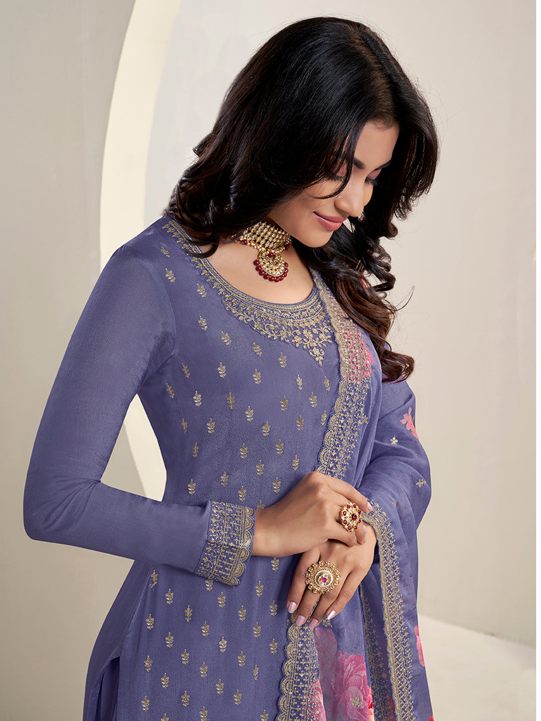 Purple Butti Floral pattern Sequins Embroidered Sharara Suit Set Product vendor