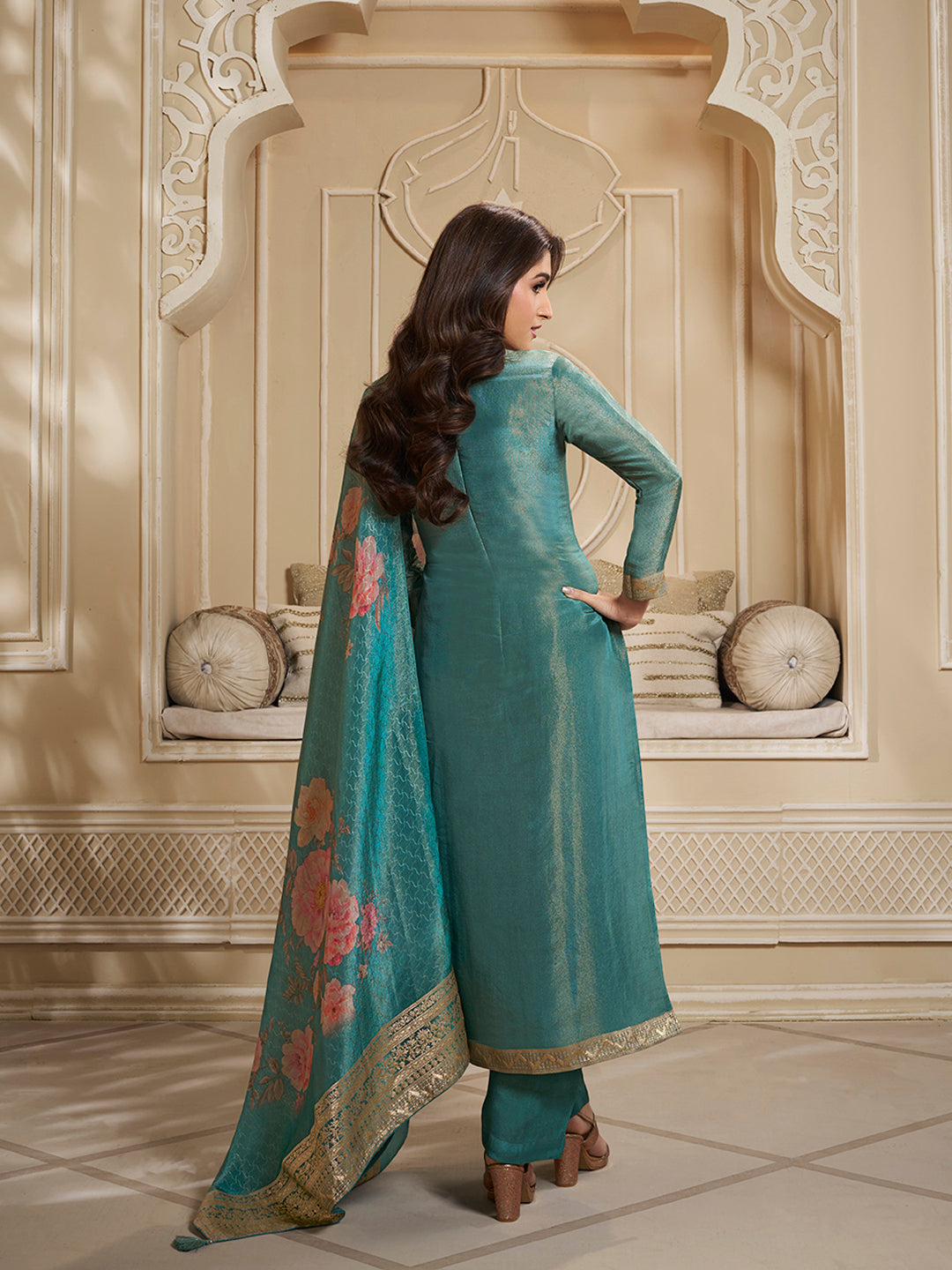 Teal Green Tissue Jacquard Kurta Suit Set with Jaal Pattern & Hand made Buttons Product vendor