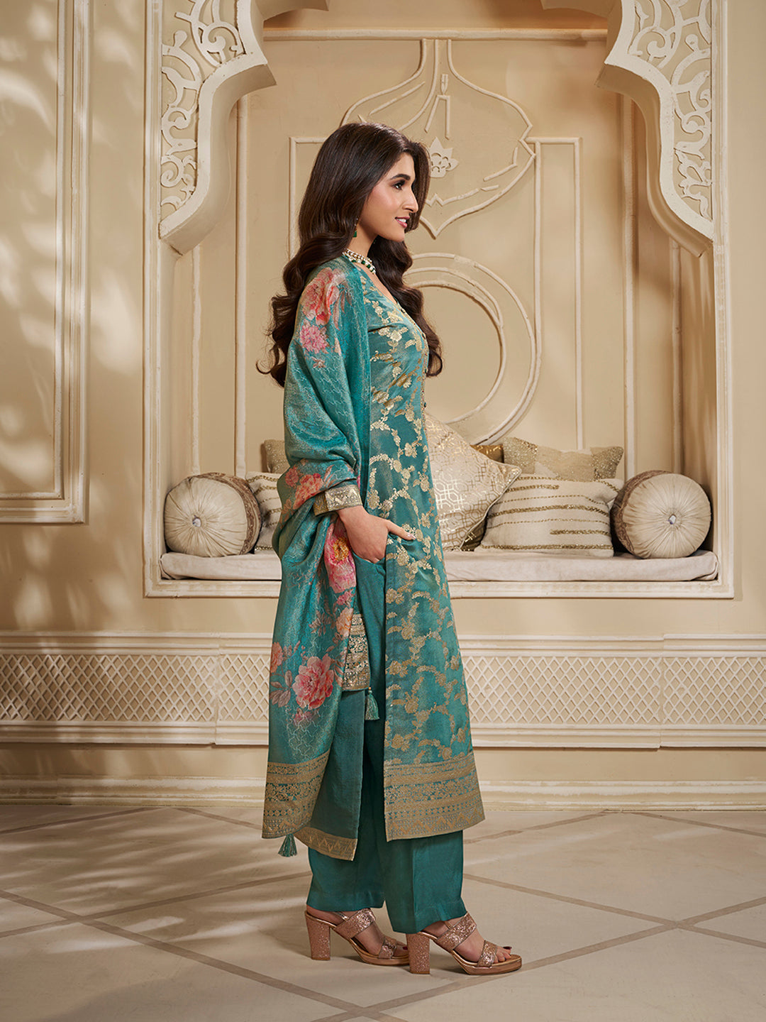 Teal Green Tissue Jacquard Kurta Suit Set with Jaal Pattern & Hand made Buttons Product vendor